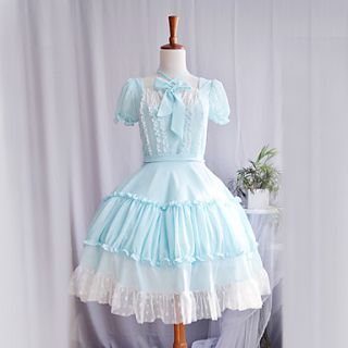 Short Sleeve Knee length Sky Blue Bowknot Princess Lolita Dress