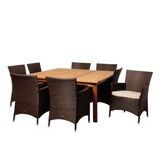 Wendy 9 piece Wood/ Wicker Outdoor Dining Set (Natural/ brownMaterials 100 percent FSC eucalyptus wood and wickerFinish StainedCushions included YesWeather resistant YesUV protection YesWeight 260 poundsTable dimensions 29 inches high x 59 inches w