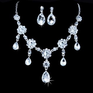 Gorgeous Alloy Silver Plated With ZirconRhinestone Flower Drops Wedding Bridal Necklace Earrings Jewelry Set
