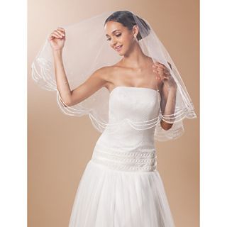 One tier Fingertip Wedding Veil With Lace Pencil Edge And Bead