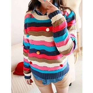 Womens Round Collar Colorful Cut Out Stripe Sweater