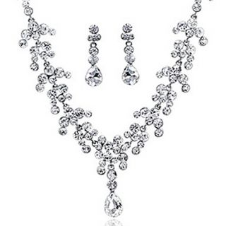Gorgeous Alloy Silver Plated With Rhinestone Wedding Bridal Necklace Earrings Jewelry Set
