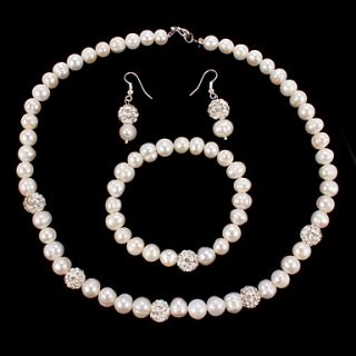 Amazing Natural Pearl With Rhinestone Beads Necklace Bracelet Earrings Jewelry Set