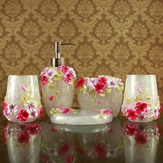 Bathroom Accessories Set, 5 Piece White Resin Bath Ensemble With Floral