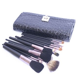 Pro High Quality 15 PCs Natural Goat Hair Makeup Brush Set with Black Crocodile Skin Pouch