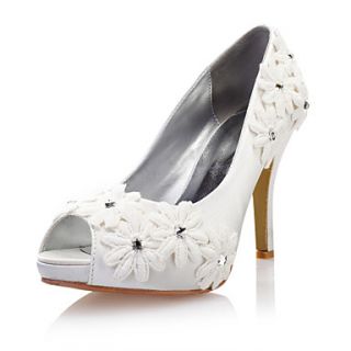 Satin/Lace Womens Wedding Flat Heel Pumps Flats Shoes With Rhinestone