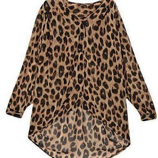 Womens New Fashion Chiffon Blouse Leopard Long Sleeve High Low Hem Loose Shirt Tops