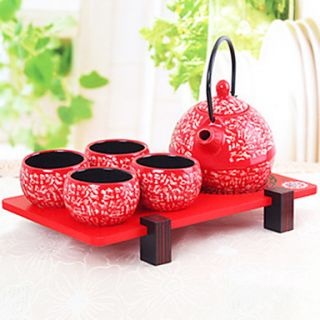 Chinese Red Teapot Set, Ceramic 1pc 12oz Teapot/4pc Teacups