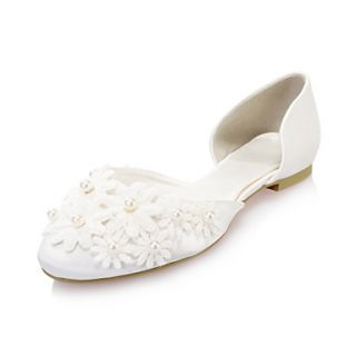 Satin/Lace Womens Wedding Flat Heel DOrsay Two Piece Flats Shoes With Imitation Pearl