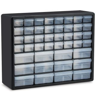 Akro Mils Parts Storage Cabinet   20X6.38X15.81   (44) (32) 2 1/8 X5 1/4 X1 1/2, (12) 4 3/8 X5 1/4 X2 Drawers   Black