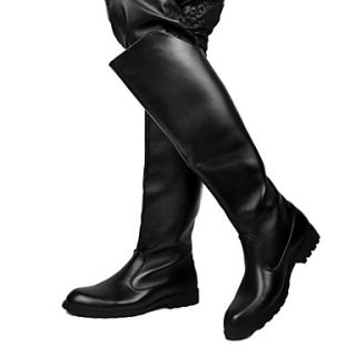 Mens Faux Leather Flat Heel Knee High Riding Boots With Zipper