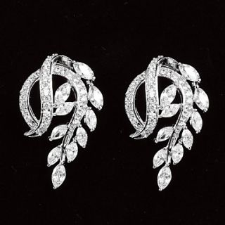 Fashionable Platinum Plated With Zircon Leaf Shaped Womens Stud Earrings