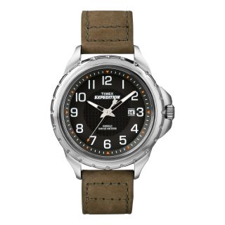Timex Expedition Mens Silver Tone Brown Leather Strap Watch, White