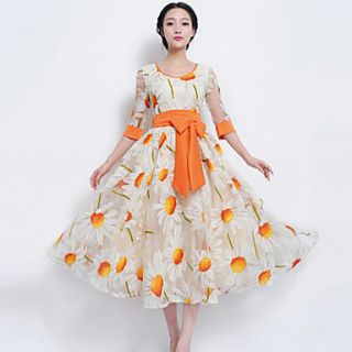 Color Party Womens Mid Length Sun Flower Dress (White)