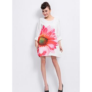 JRY Womens Simple Round Neck White Floral Print Knitwear Loose Fit Dress