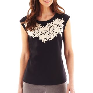Worthington Short Sleeve Lace Embroidered Top   Tall, Black