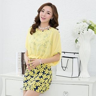 Qcqy Package Hip Chiffon Bat Sleeve Fake Two Pieces Dress (Yellow)