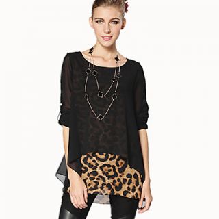 JRY Womens Simple Round Neck Coffee Two Piece Like Leopard Pattern Chiffon Loose Fit Dress