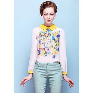 Jingpin Doll Collar Lapel Long Sleeve Floral Shirt (White)