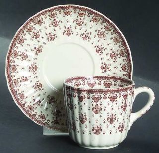 Spode Fleur De Lys Brown (Earthenware,No Trim) Flat Cup & Saucer Set, Fine China
