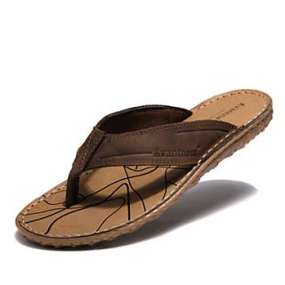 Mens Leather Flat Heel T Strap Slippers Shoes