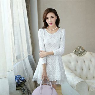 K Star Womens Korean Ladies Slim Solid Color Lace Dress(White)