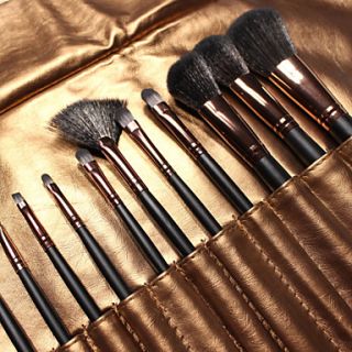 14 Pieces Cosmetics Makeup Brush Set Synthetic Hair Black Handle Golden Bag