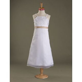 A line Spaghetti Straps Tea length Satin Organza Junior Bridesmaid Dress