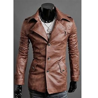 The Mens New Style Large Lapel Single Breasted Quality Washed PU Leather Mens Slim Fit Long Leather Coat