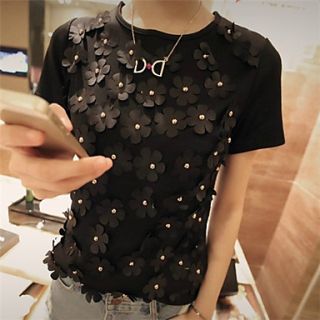 XiXi Womens Stereoscopic Beading Flower Round Collar Short Sleeve Cotton T Shirt(Black)