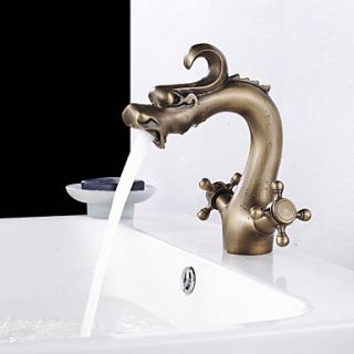 Dragon Head Style Antique Brass Finish Two Handle Centerset Bathroom Sink Faucet