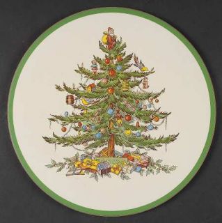 Spode Christmas Tree Green Trim Round Cork Back Trivet, Fine China Dinnerware  