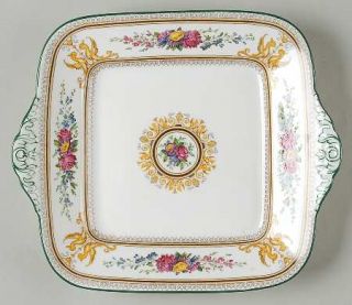 Wedgwood Columbia White (Medallion,Green Trim) 10 Square Handled Cake Plate, Fi
