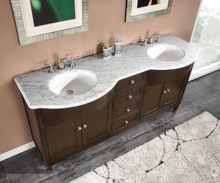 Silkroad Exclusive 72 inch Carrara White Marble Stone Top Bathroom Double Sink Cabinet Vanity