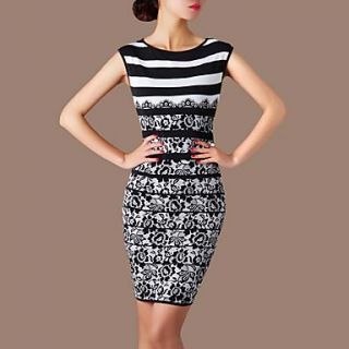 Lifver Womens Stripe Floral Print Split Joint Screen Color Dress