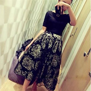 XiXi Womens Fashion Print Off The Shoulder Big Hem Organza Tutu Dress(Black)