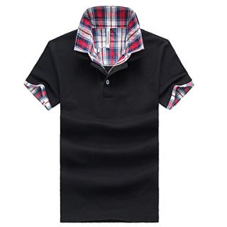 LangXin Mens Check Lapel Splice Casual Short Sleeve Polo Shirt(Black,White,Gray)