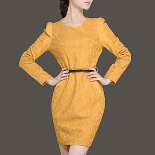 Lifver Womens Round Neck Fitted Yellow Dress