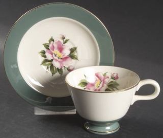 Homer Laughlin  Empire Green Footed Cup & Saucer Set, Fine China Dinnerware   Gr