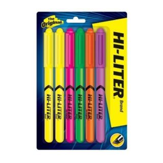 Hi liter Fluorescent Pen Style Highlighter Chisel Tip 6/set (AssortedWeight 5 ouncesModel HighlighterPack of 6Pocket Clip YesRefillable NoRetractable NoTip Type ChiselInk Type LiquidDimensions 5.5 inches long )