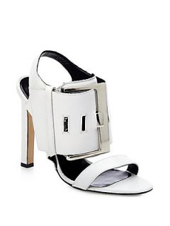 Manolo Blahnik Martagamod Leather Buckle Sandals   White