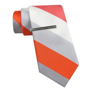 JF J.Ferrar JF J. Ferrar Bold Stripe Tie w/ Tie Bar, Coral, Mens