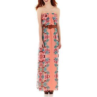 City Triangles Strapless Belted Blouson Print Maxi Dress, Cor/lil/tl