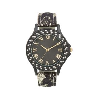 Womens Crystal Accent Bezel Glitz Strap Watch, Black/Gold