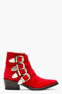 Toga Pulla Red Suede Western Buckle Boot