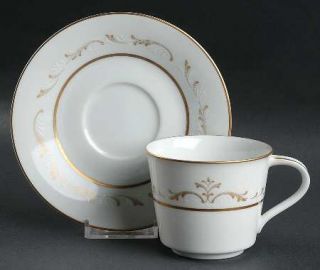 Noritake Jacqueline Flat Cup & Saucer Set, Fine China Dinnerware   Gold&White Sc
