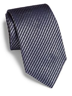 Giorgio Armani Thin Text Stripe Silk Tie   Dark Blue