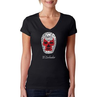 Los Angeles Pop Art Womens Luchador Wrestling Mask Black T shirt (100 percent cotton Machine washableAll measurements are approximate and may vary by size. )