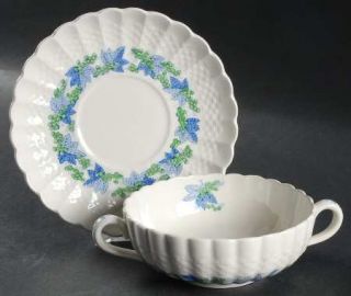 Spode Valencia Blue/Green On White Flat Cream Soup Bowl & Saucer Set, Fine China