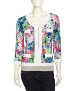 Long Sleeve Beaded Tropical Stretch Cardigan, Floral Multi